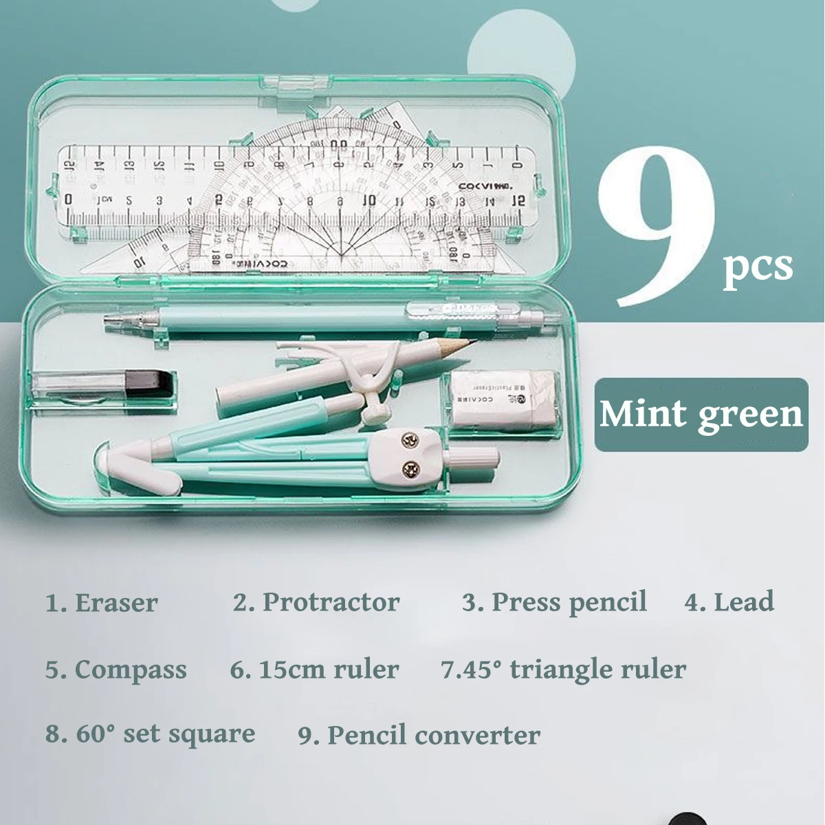 Kawaii Ruler Set Exam Compass Ruler 9-piece Set Student Math Drawing Tool School Supplies