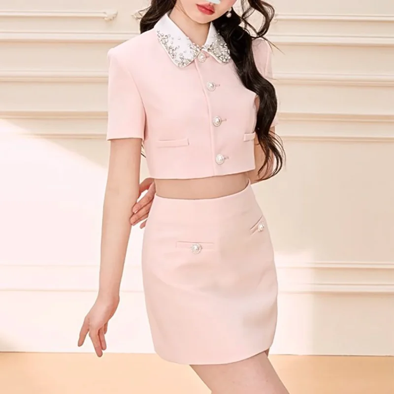 Sweet French High-quality Diamond-encrusted Sweet Suit Pink Doll Collar Coat+ Skirt Set Korea Cute Two-piece Women Suit Summer