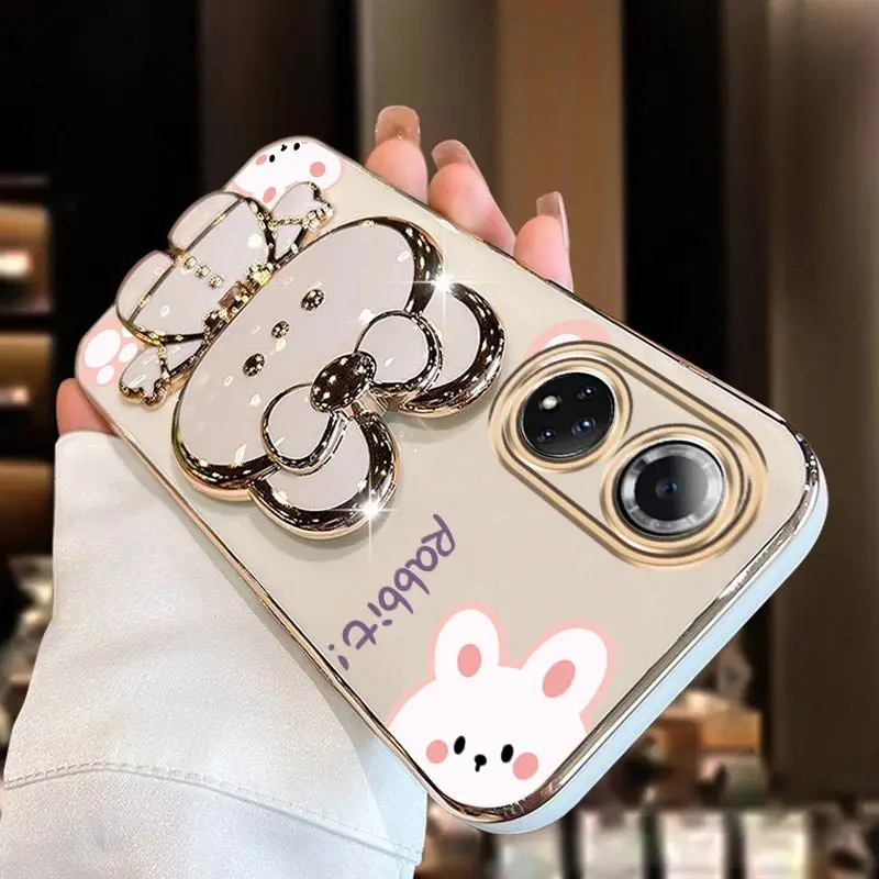 Diamond Wrist Strap Mirror Rabbit Phone Holder Case with Stand