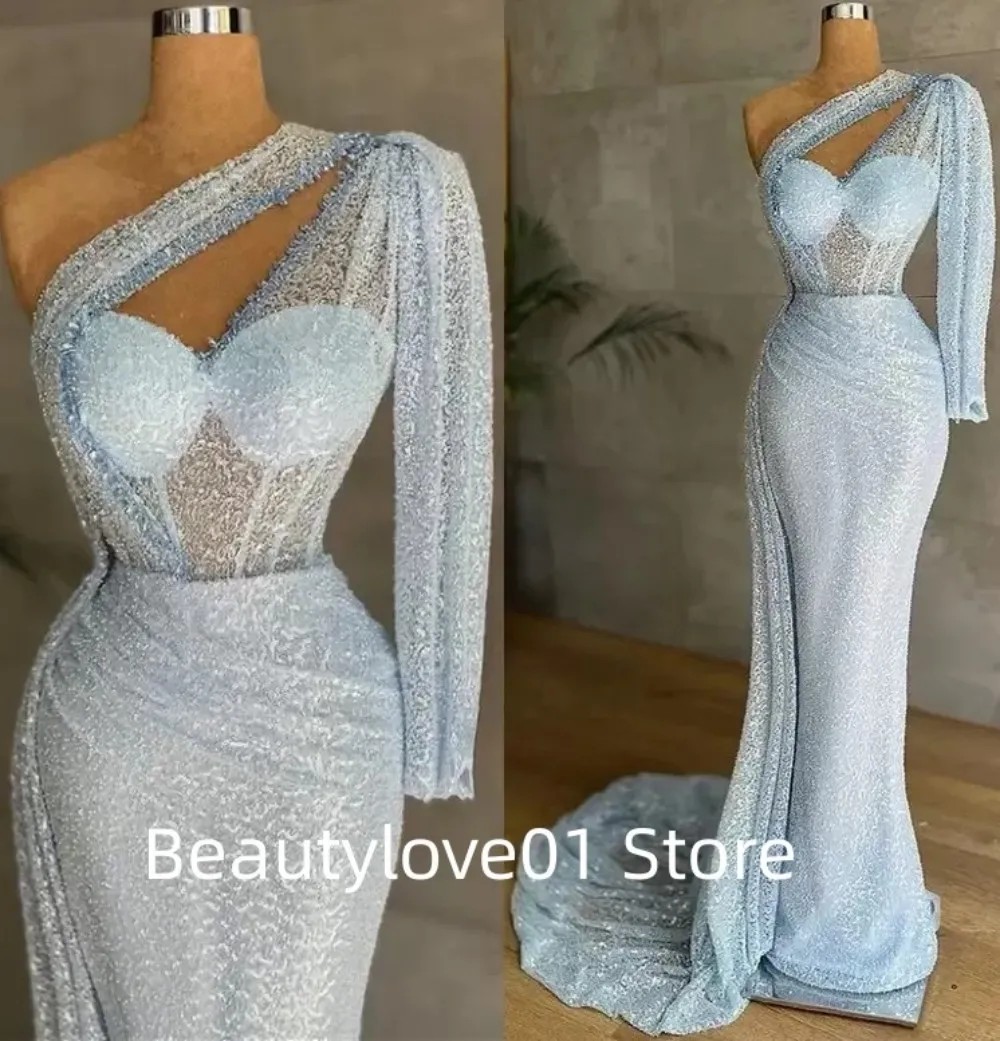 

Charm Plus Size One Shoulder Sequin Prom Dress Temperament One Sleeve Evening Dress Second Reception Bridesmaid Dress Order2024