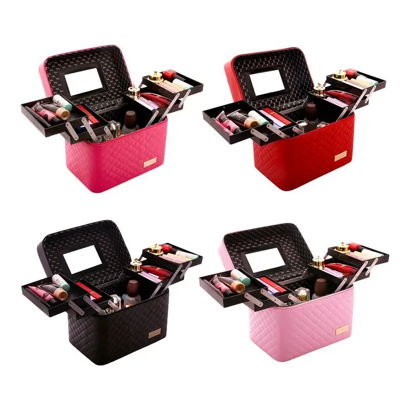 

Portable Makeup Organizer Bag With Mirror 4-Layer Foldable Tray Train Makeup Case Multifunctional Toiletry Box For Women Makeup