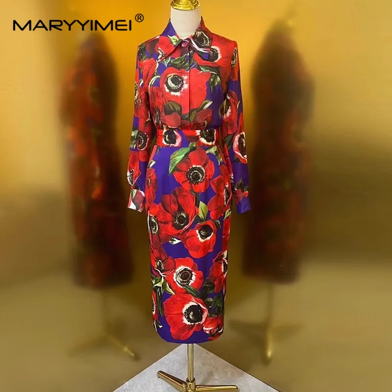 

MARYYIMEI Spring Summer Fashion Silk Women's Suit Long sleeved Shirt top＋Red anemone print skirt silk Commuter Two Pieces Set