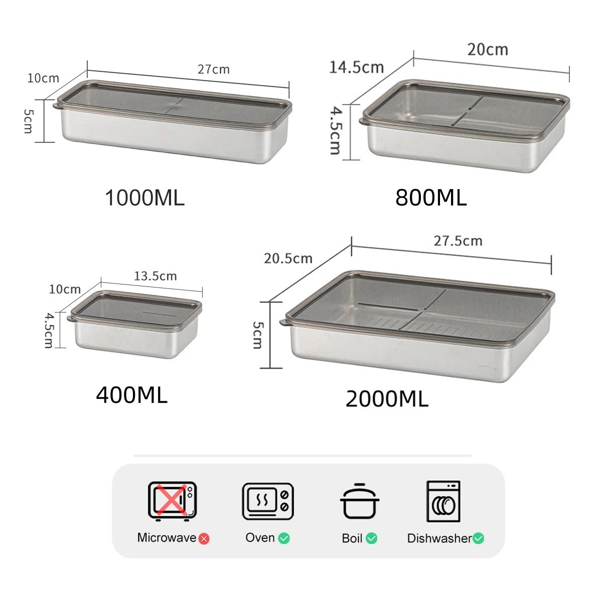 304 Stainless Steel Food Container Lunch Box Large Capacity Rectangular Box with Lid Seal Lunch Box Kitchen Cooking Accessories