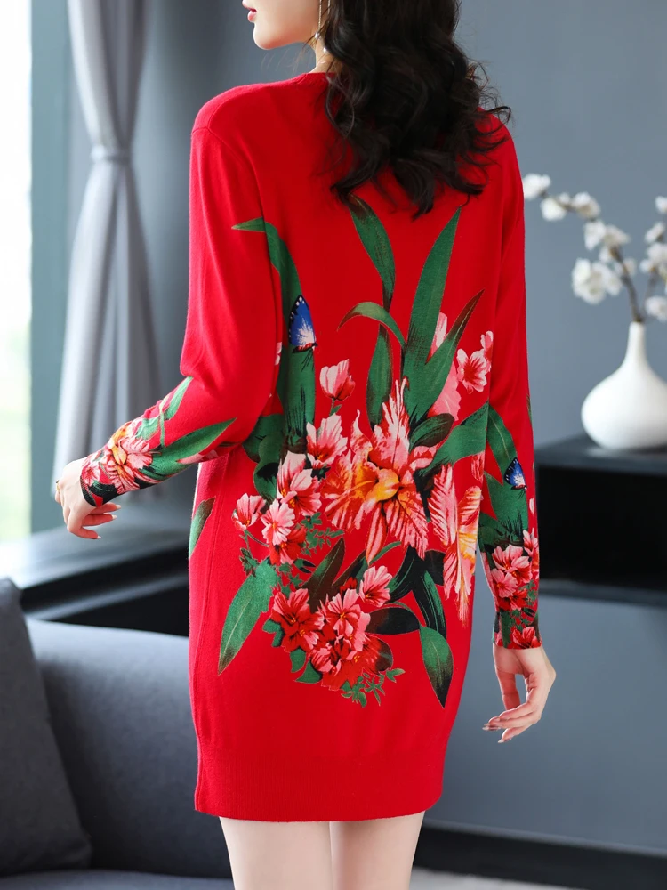 Abito casual da donna, a maniche lunghe, con scollo a V, stile vintage, stampa floreale, per autunno e inverno, slim fit, linea ad A, per feste, casual, per feste, da sera, a