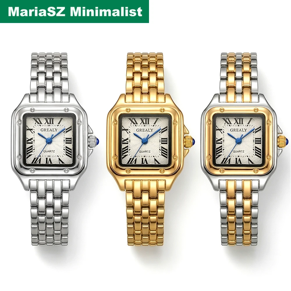 Classic Wrist Watches for Women Two-tone French Elegant Square Quartz Clock Roman Numerals Stainless Steel Ladies Dress Jewelry