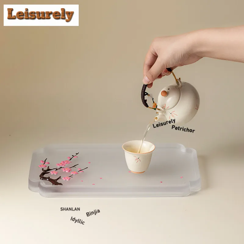 Azure Stone Color Hand-painted Tea Tray Afternoon Tea Dessert Plate Coffee Storage Board Teapot Support Dishes For Serving Craft