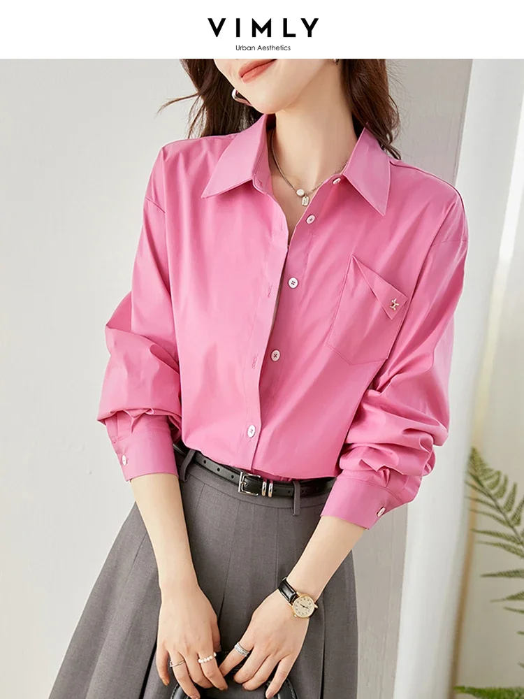 Vimly Pink Casual Shirts for Women Spring 2024 Korean Fashion Long Sleeve Tops Cotton Blend Button Down Shirts & Blouses V7799