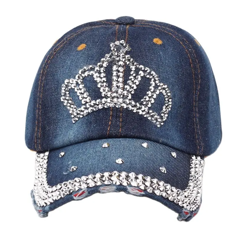 Women Bling Tiara Distressed Denim Baseball Cap Rhinestones Embellished Washed Retro Style Adjustable Hat 4