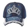 Women Bling Tiara Distressed Denim Baseball Cap Rhinestones Embellished Washed Retro Style Adjustable Hat 4