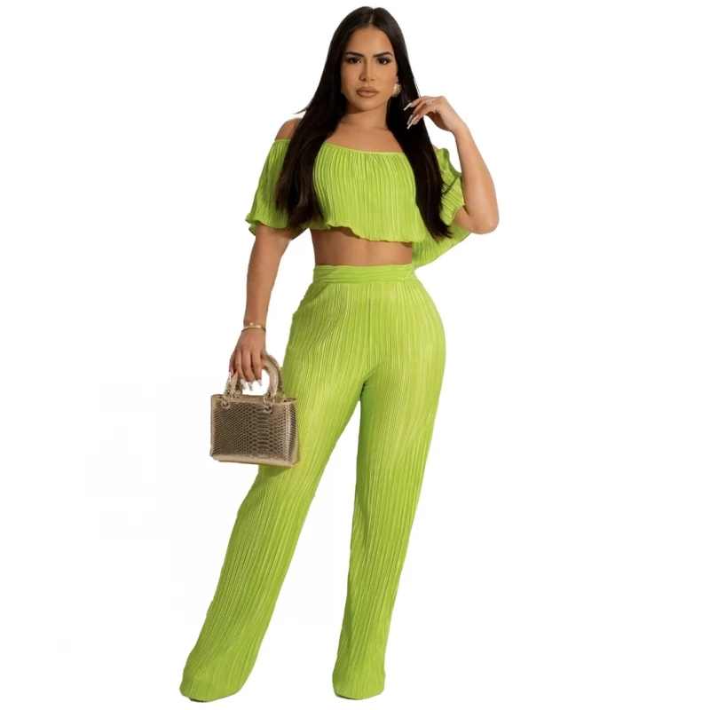 

Women's Pleated Solid Color Off Shoulder Wrap Chest Loose Pants Two-piece Set Summer Streetwear 2 Pieces Outfit Tracksuit New