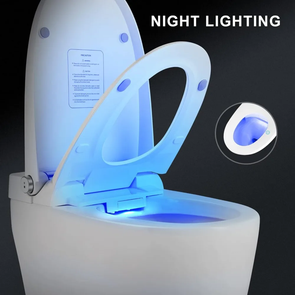 Heated Seat Smart Toilet, One Piece Toilet, Automatic Flush Tankless Toilet Without Bidet, Foot Sensor Flush, Blue Night Light 5