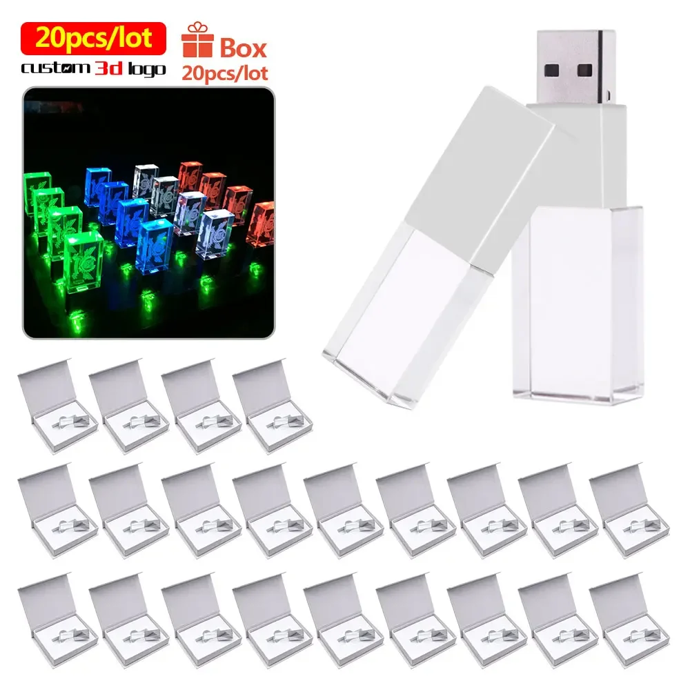 20 개/몫 크리스탈 LED 라이트 usb 플래시 드라이브 8 기가 바이트 16 기가 바이트 64 기가 바이트 32 기가 바이트 사용자 정의 3d 로고 펜 드라이버 pendridve 메모리 스틱 펜 드라이브
