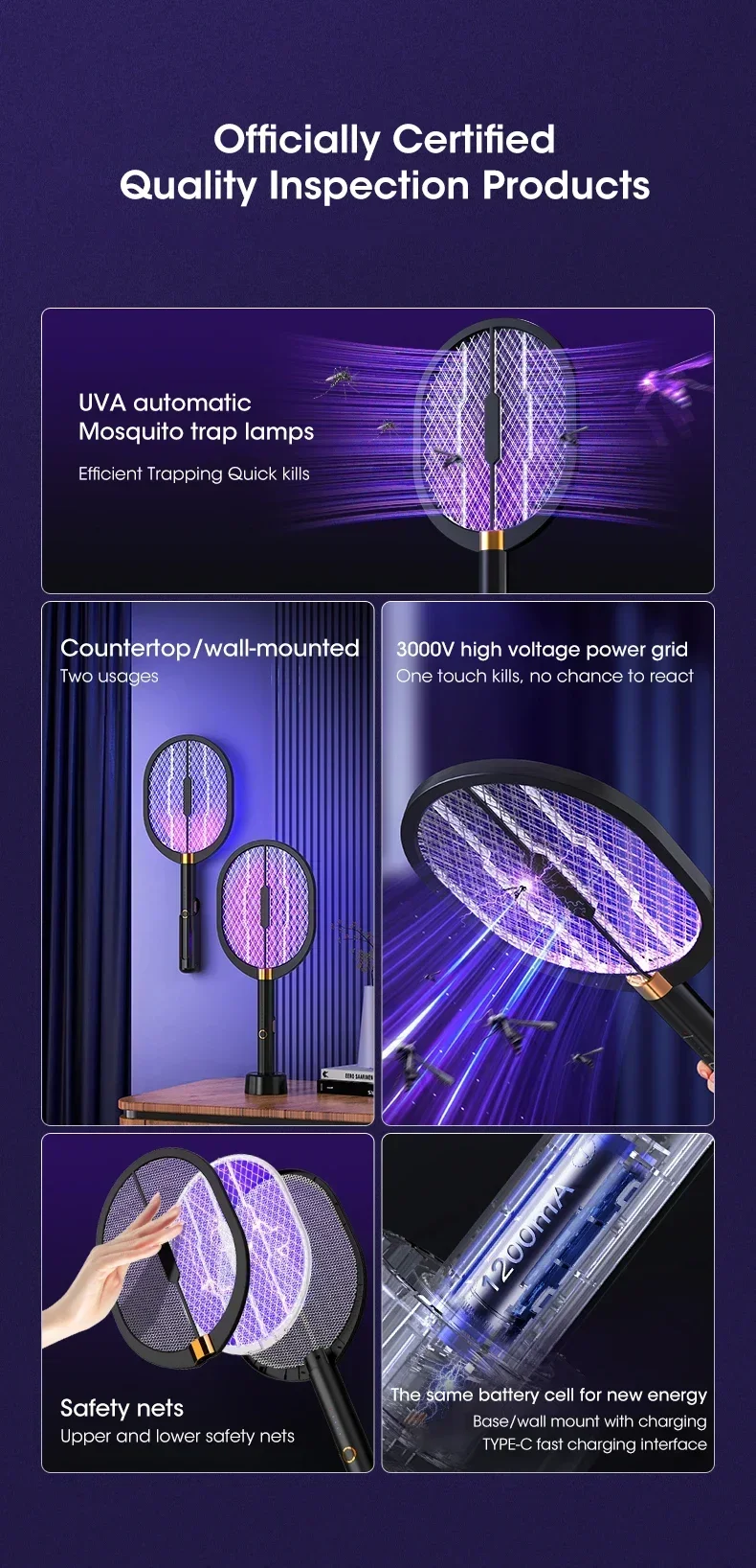 Description Picture 3 of itemNew Electric Mosquito Killer with UV Lamp Handheld Electric Mosquito Swatter Household Outdoor Fly Swatter 3000V Mosquito Killer