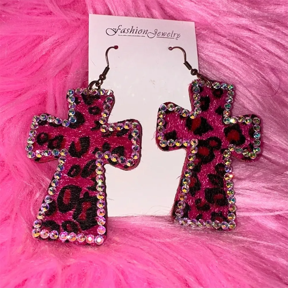 Novo y2k brilhante cristal cruz brincos leopardo impressão rosa brinco acessório sexy charme punk jóias acessórios