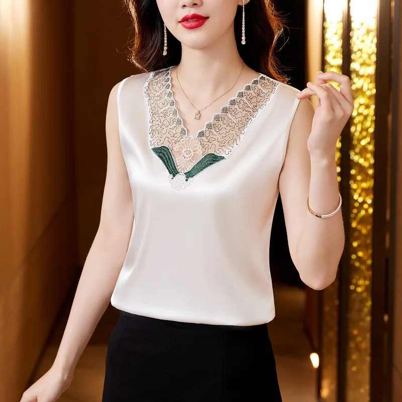 

Silk V-Neck Blouse Women Elegant Sleeveless Woman Clothing Hollow Out Lace Sexy Blouses Womens Tops 2023 OL Satin Women Clothing