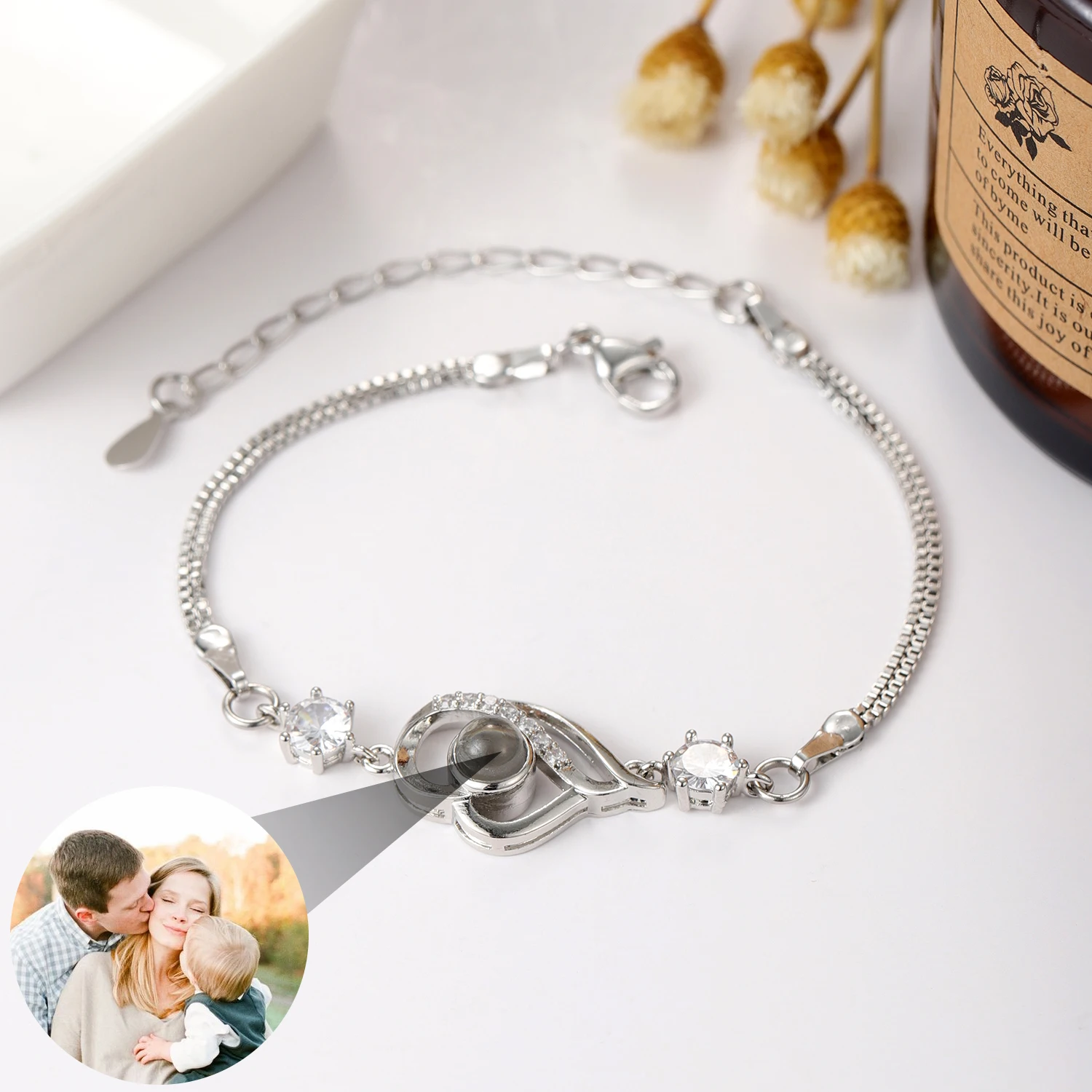 

Double Box Chain Love Projection Bracelet Custom Photo Bracelet AdjustablePet Photo Bracelet Gifts For Daughter Mom Jewelry