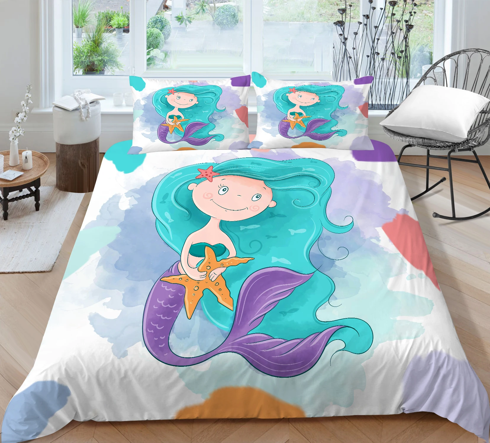 Hot  Bed Linens 2/3pcs 3D Digital Mermaids Printing Duvet Cover Sets 1 Quilt Cover + 1/2 Pillowcases US/EU/AU Size