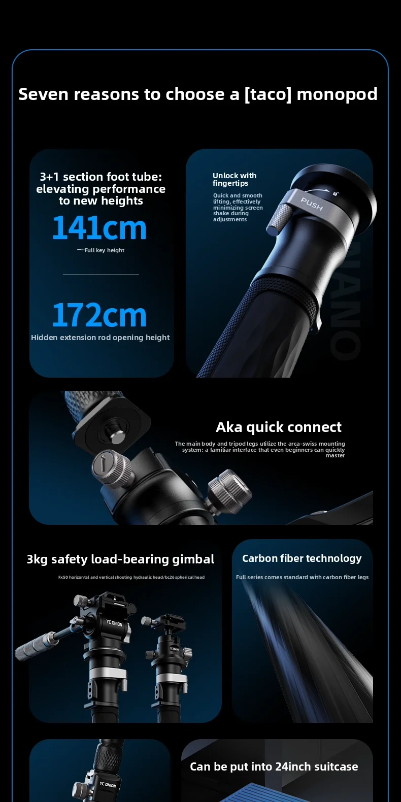 YC Onion Nano Einbeinstativ aus Aluminiumlegierung mit Pedalbasis, leichtes Reise-Einbeinstativ, Schnellverschluss-Kamerastativ, maximale Länge 1720 mm – Detail 2