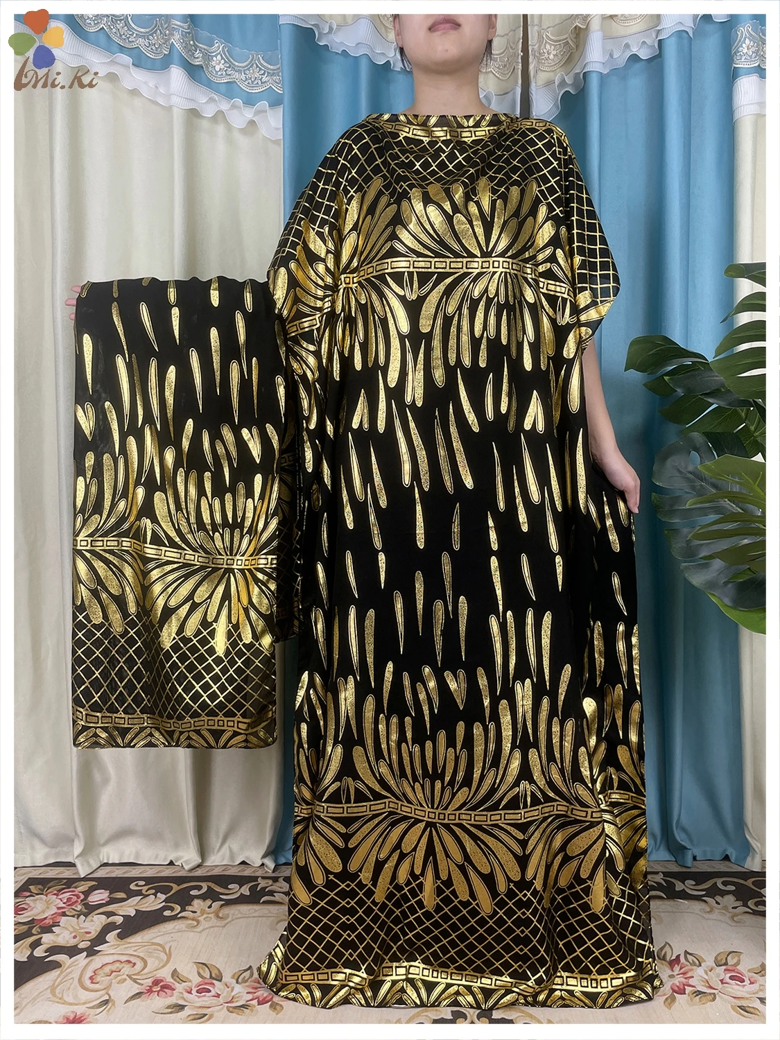 

New Fashionable Muslim Women Dress with Gold Plated Loose fitting Robe and Big Scarf Dubai Maxi Islam Women Dress African Dress