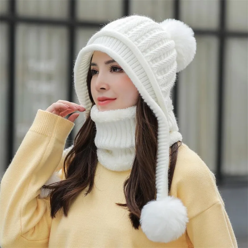 Women Winter Peruvian Beanie Hat Ski Cap Fleece Lined Ear Flaps Hats With  Rabbit Fur Pompoms S2591