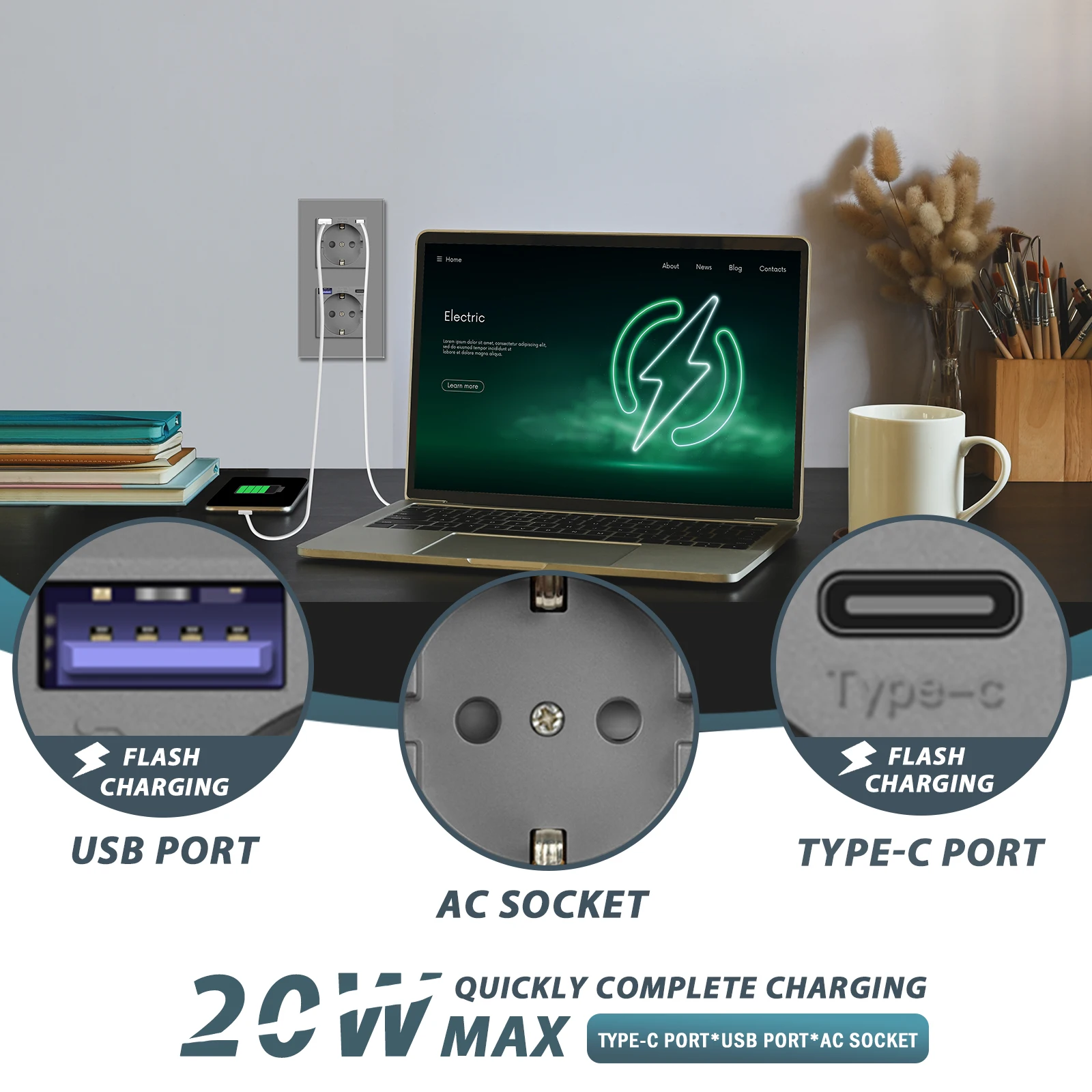 BSEED 단일 EU 벽 소켓, 더블 C타입 USB 소켓 2.1A 트리플 크리스탈 유리 전원 소켓, USB 16A