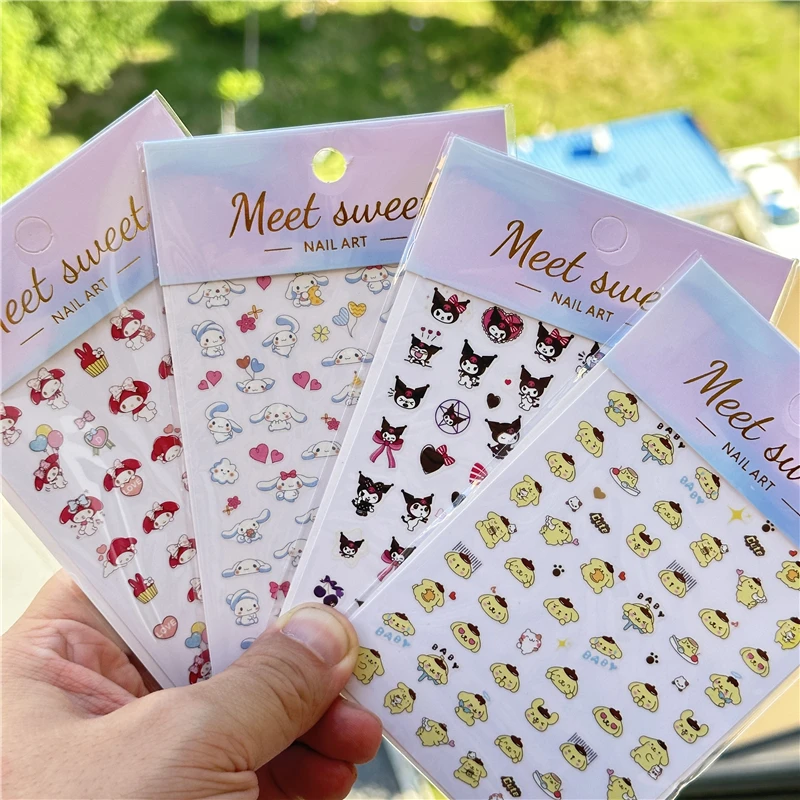 3D Kawaii Sanrioed Nail Stickers 4PCS/1PC Set Hello Kitty Kuromi Melody Cartoon Nail Decals Decoration Supplies Press on Nails