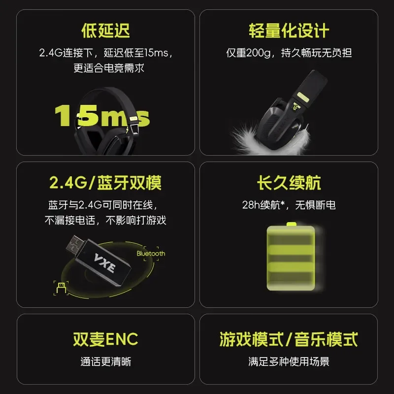 VXE Siren V1 무선 블루투스 헤드셋, 2 모드 2.4G/블루투스 오버이어 이어폰, 마이크 라이트 무게추 FPS 게임용 헤드폰