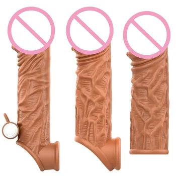 Soft Silicone Reusable Penis Extender Sleeve Male Cock Ring Vibrating Penis Extender Condom Dildo Enhancer Delay Ejaculation 4