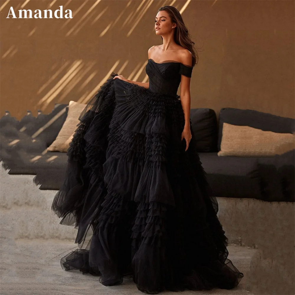 

Amanda Luxury Multilayer Evening Dress Black Off Shoulder Party Dress Ball Gown Prom Dress 2024 Puffy فساتين مناسبة رسمية