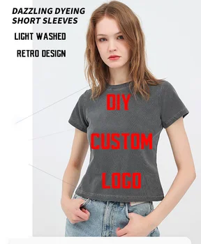 Women DIY Custom LOGO 240GSM Solid Color Slim Washed T-Shirt Soft Cotton T Shirt Casual Sport Short Sleeve Cool Retro Y2K Female 1
