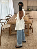 Clacive Fashion Loose White Cotton Women's Shirt 2024 Elegant Lapel Sleeveless Shirts Casual Classic Solid Top Female Clothing - Image 3