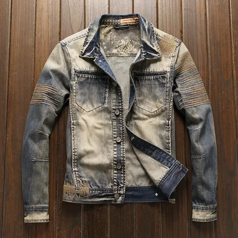thumbnail image 1 of Abrigo vaquero con botones para hombre, chaqueta vaquera de corte entallado para hombre, con parches lavados, estético, de una pieza, ropa de abrigo de invierno, informal, holgada y original, 1 of 4