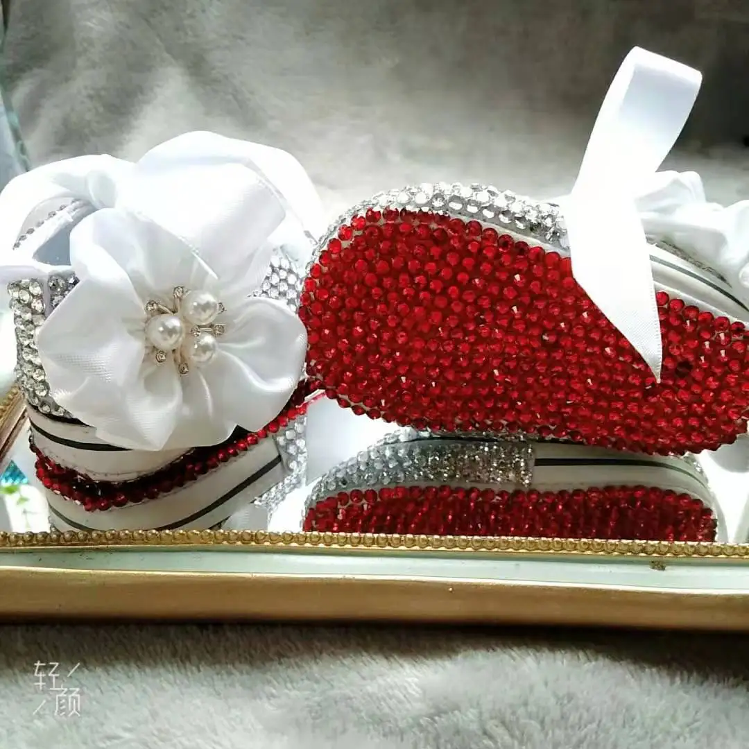 Dollbling Bling Rhinestones Baby Canvas White Ribbon Hair Bows Headband Gift Keepsake Birthday Newborn Toddler Crib Shoes Pearls