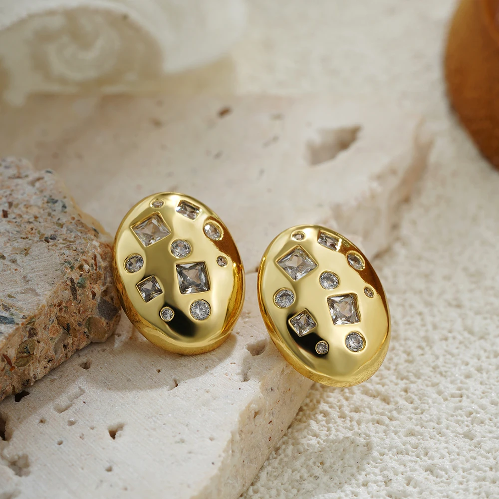 Vintage Stainless Steel Oval Stud Earrings Inlaid Geometric Sparkling Zircon Ear Studs Waterproof 18K Gold Plated Trend Jewelry