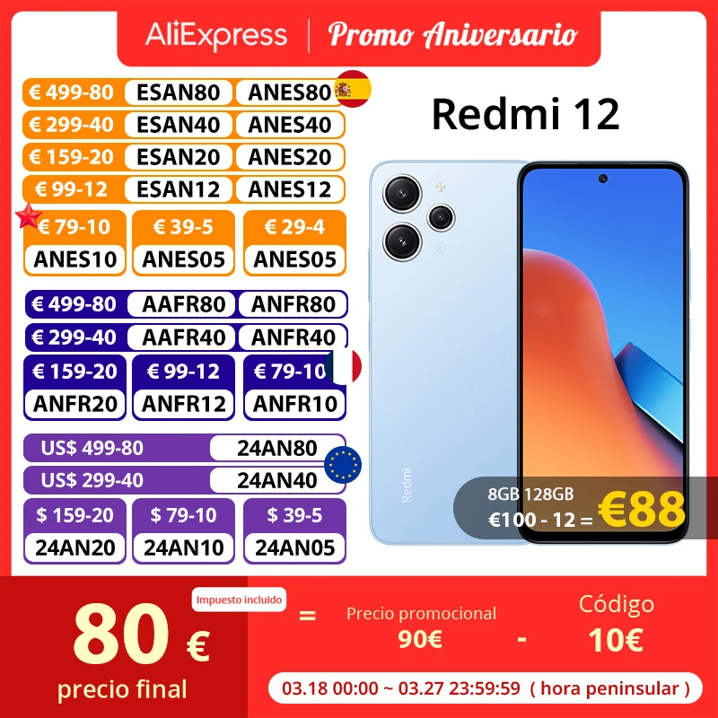 94.91€ 48% OFF|Globale version xiaomi redmi 12 smartphone ip53 großer 5000mah akku 50mp al dreifach kamera media tek helio g88 90hz fhd display| | - AliExpress