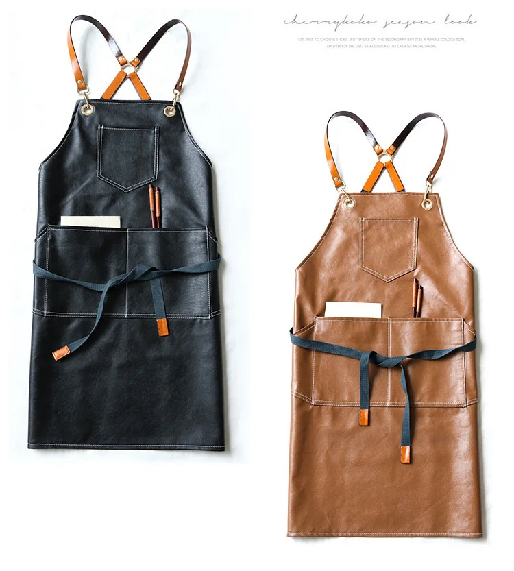 couro do plutônio prova dwaterproof água avental feminino salão de beleza com poquetes para acessórios de cozinha café cozinhar cozimento café pinafore logotipo impressão