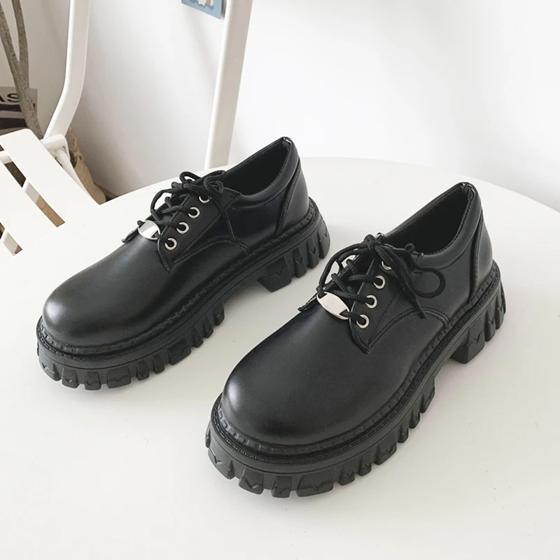 Rimocy Classic Black Platform Oxford Shoes for Women Spring Autumn Casual Lace Up Flats Woman Fashion Non-slip PU Leather Shoes