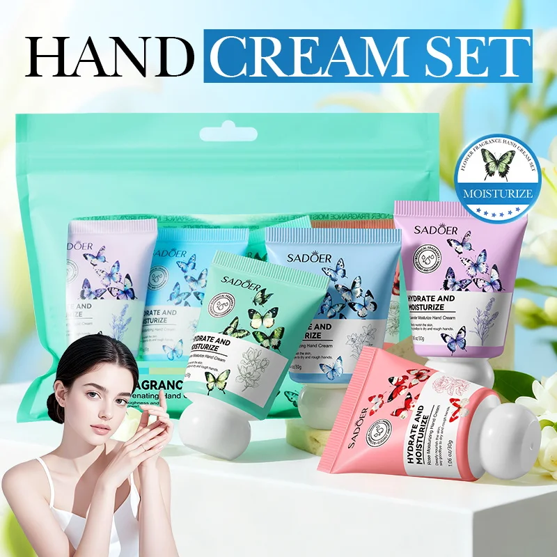 4pcs SADOER Flowers Hand Cream Sets Rose Sakura Moisturizing Anti Wrinkle Nourishing Anti-Aging Hands Skin Care Products