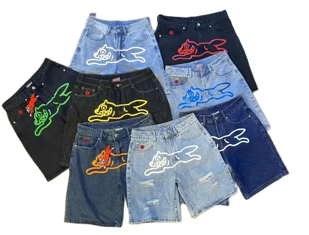 Hip hop Fly Dog print denim shorts men wide leg loose retro jeans Y2k streetwear fashionable shorts Jorts summer new collection