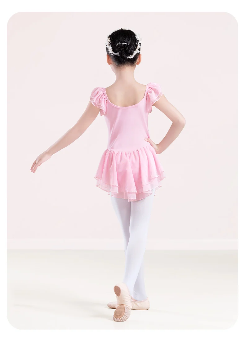 Mädchen-Balletttrikots, rosa Ballettkleid, 2-lagiges Netzkleid, Rüschenärmel, Ballett-Tanzkostüme, Baumwolle, Gymnastik-Bodys – Detail 6