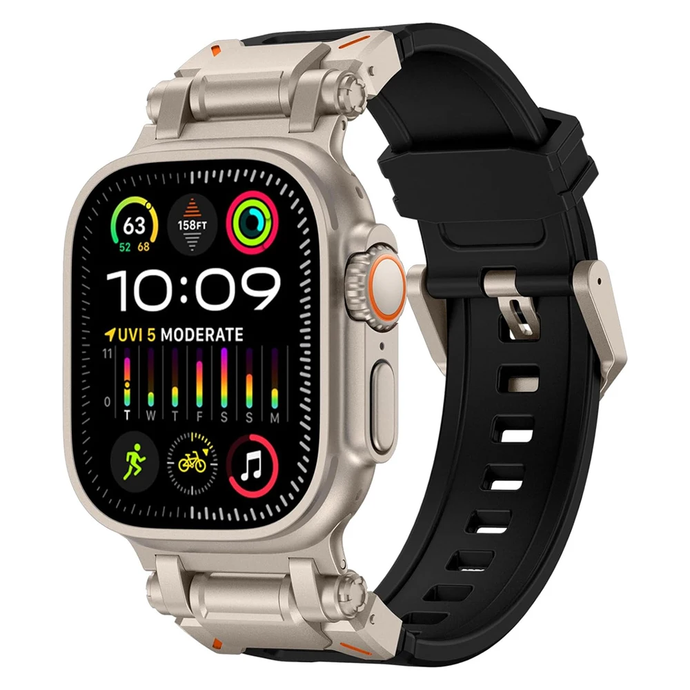 

Ремешок силиконовый для Apple Watch Ultra 2 Band, прочный металлический + резиновый браслет для iWatch Series 9 6 5 4 7 8 SE, 49 мм 45 мм 44 мм 42 мм