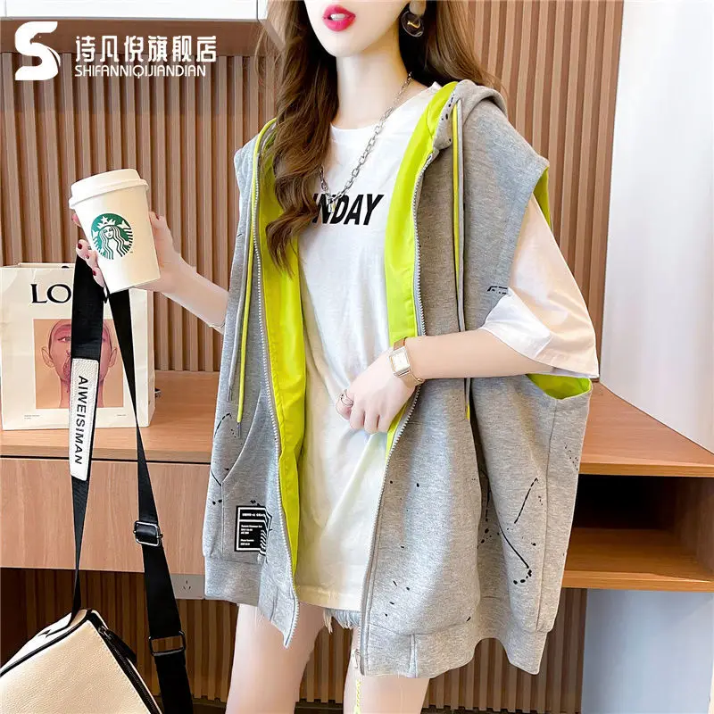 Women's Hooded Sweatshirt Vest Coat Can Be Worn on Both Sides Sleeveless Tops Korean Fashion Streetwear Loose Cotton Cardigan