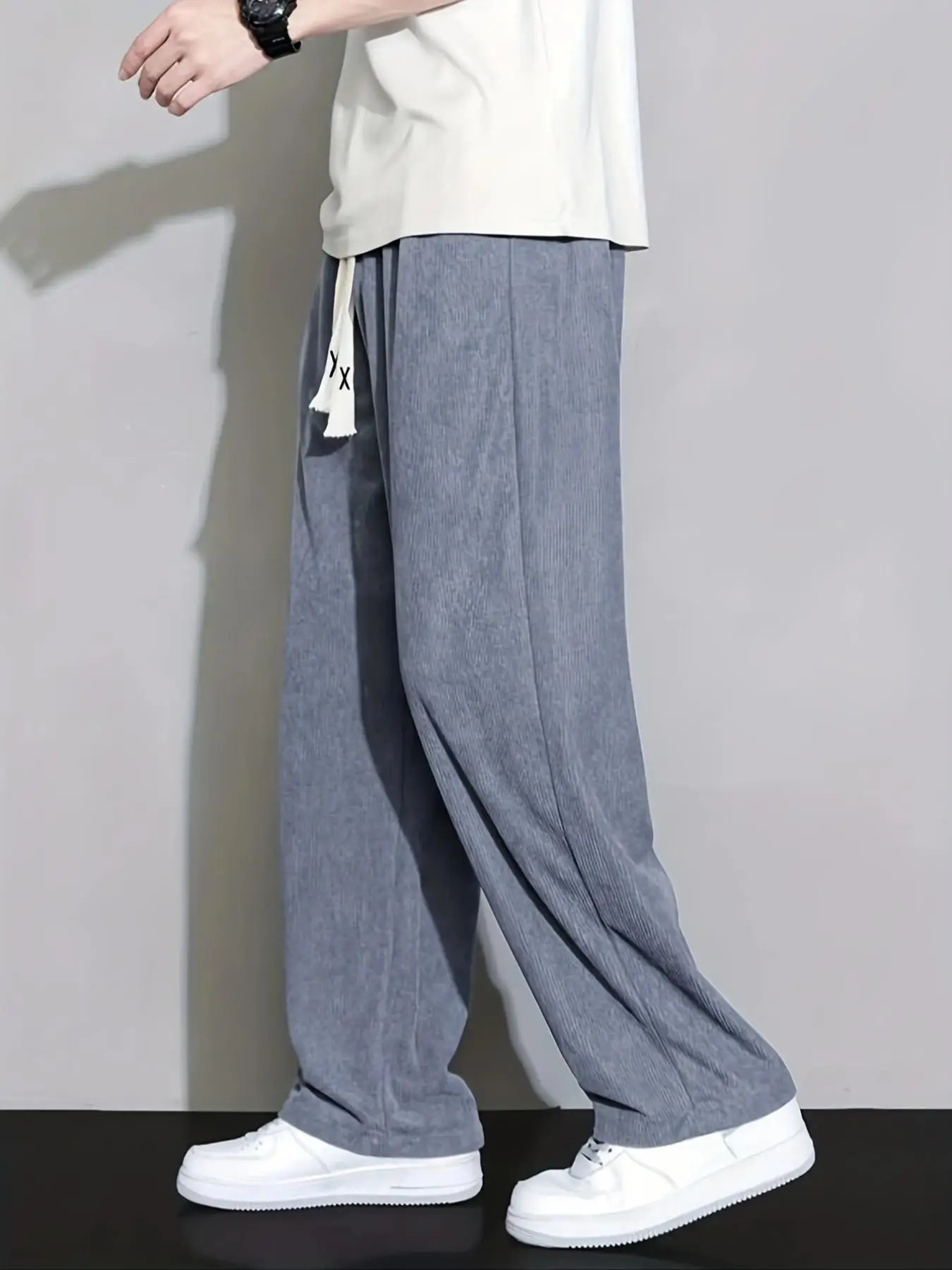 Herren Einfarbige Cordhose mit Kordelzug, Reguläre Passform, Lässige Mode, Schrägtaschen-Design, Gerades Bein – Detail 7