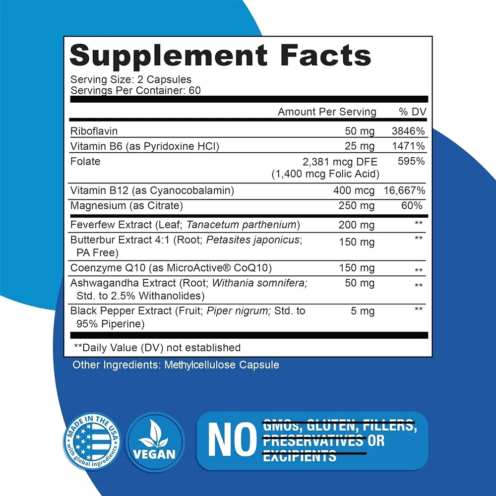 CoQ10 supplement, contains B vitamins, supports brain function, fast absorption, helps reduce migraine frequency