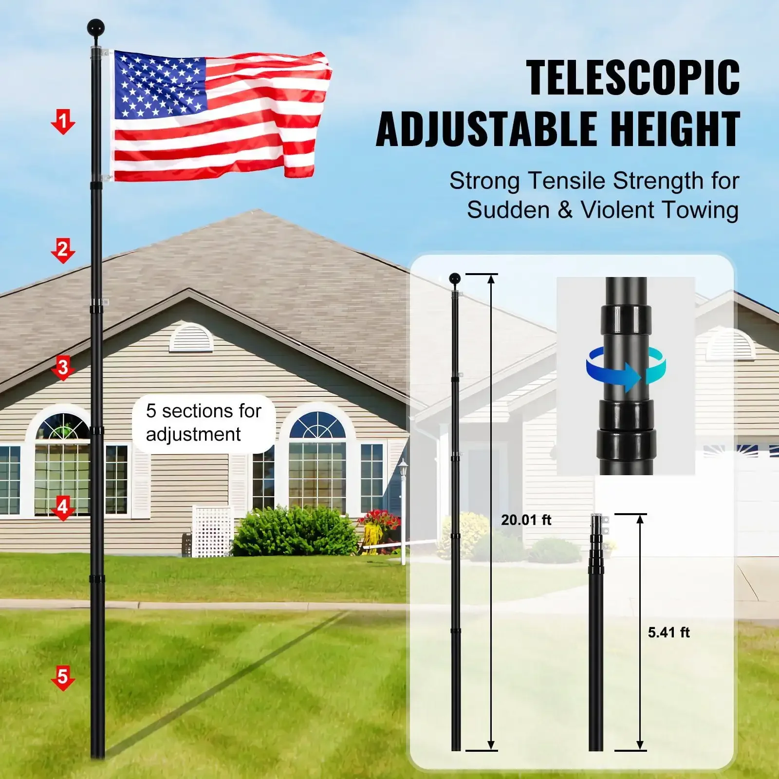 20FT Telescopic Flagpole Kit Heavy Duty Aluminum Flag Pole American