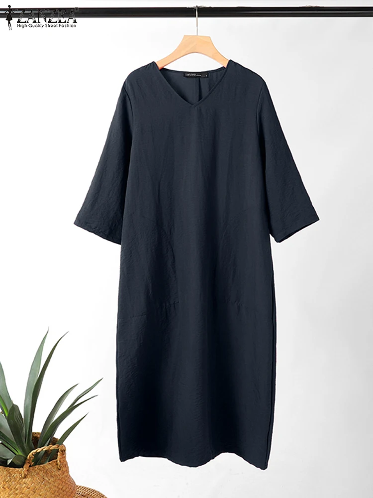 

ZANZEA Minimalist 2024 Summer Long Vestidos Daily V Neck Loose Solid Color Sundress 3/4 Sleeve Leisure Casual Women Midi Dress