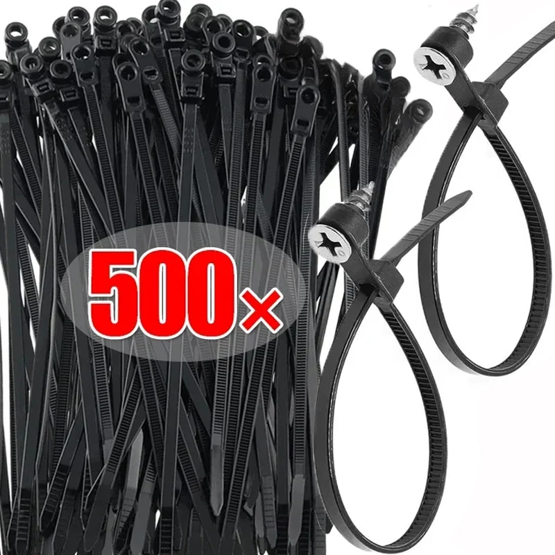 

500/100PCS Nylon Cable Ties with Screw Mounting Hole Self Locking Loop Wraps Bundle Fixed Cables Zip Tie Wire Fastening Straps