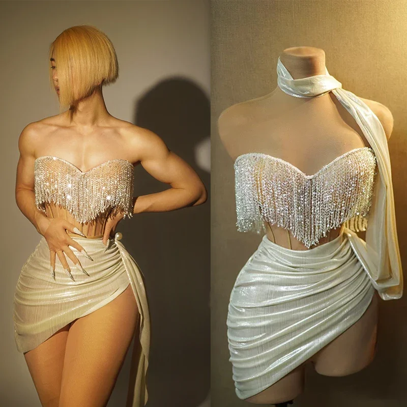 

White Tassel Nightclub Costume Woman Sexy Gogo Dancer Clothing Festival Party Rave Outfits Dj Ds Singer Performance Wear