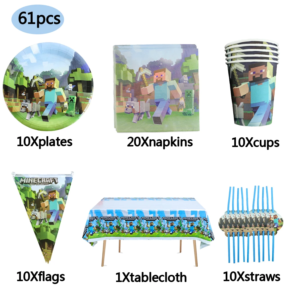thumbnail image 1 of New Miner Craftings Pixel Game Decoraciones para fiestas de cumpleaños Globos 3D Vajilla Decoraciones para pasteles Suministros para fiestas infantiles Baby Shower, 1 of 5