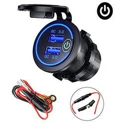 Dual USB Fast Car Charger Socket with Waterproof Switch and Quick Charge Adapter (Blue with wire)